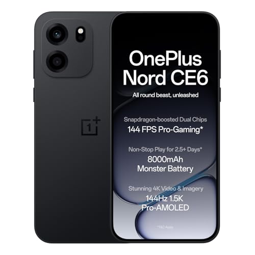 OnePlus Nord CE6 | 8GB+128GB | Pitch Black | Snapdragon 7s Gen 4 | Segment's Fastest Touch Response | 8000mAh Battery | 144Hz 1.5K AMOLED Display | 50MP Main + 32MP Selfie 4K Cameras | IP66,68,69,69K