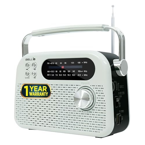 iBELL FM730BT Portable FM Radio with Bluetooth Speaker, USB & SD Card MP3 Player, Headphone Jack, Dynamic Sound, 3-Band Tuning, Rechargeable Battery with Type-C Charging Port (White)