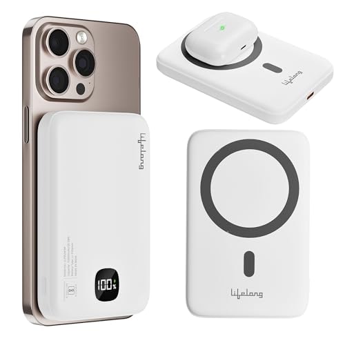 Lifelong Electronics 10000mAh MagSafe Wireless Fast Charging Power Bank for iPhone and All Qi Enabled Phones & Devices | USB Type C 22.5W PD Powerbank | Small Pocket Size | Strong Magnet & Extra Ring