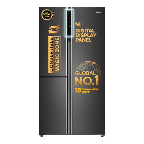 Haier SmartChoice 598L 3 Star 3-Door Side by Side Frost Free Refrigerator | Expert Inverter Technology | Digital Display Panel | Jumbo Ice Maker | Deo Fresh Technology (HRT-683GK, Graphite Black)