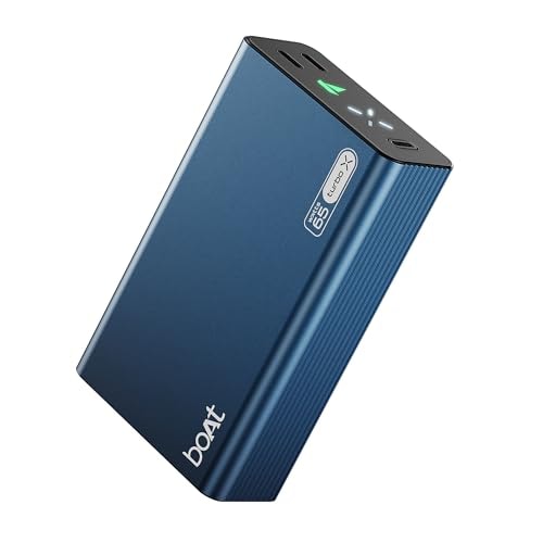 Boat EnergyShroom PB465 Turbo X 20000mAh Power Bank, 65W Turbo Fast Charging, Dual Type-C 2-Way Ports, LED Battery & Charging Indicators, Compact & Lightweight for Laptop & Mobile (Navy Blue)