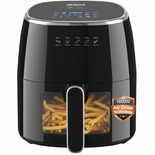 INALSA Air Fryer for Home|5.5 liter Capacity|Visible Window & Internal Light|1600 W with Smart AirCrisp Technology|6-In-1 Appliance With 8 Preset Menu & Digital Display (Tasty fry DW5.5) Black