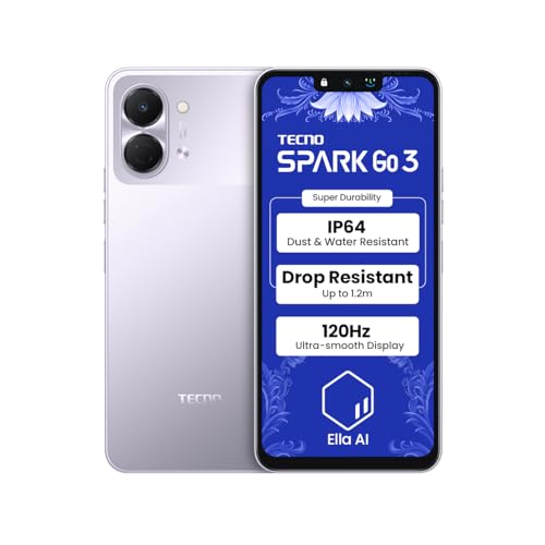 Tecno Spark GO 3 (Aurora Purple, 4GB+64GB | Super Durability Drop Resistant & IP64 Rated| Make Calls Without Network* |Ella Al in Your Own Language| Super Smooth 120Hz 6.74" Display |5000mAh Battery