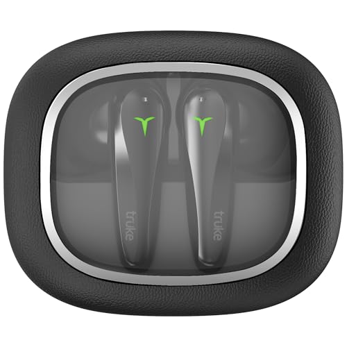 truke New Launch Crystal Dyno Leather Finish True Wireless in Ear Earbuds w/Spatial Audio, 70H Battery Fast Charge Ear Buds, 13mm Driver HiFi Sound TWS, 40ms Ultra Low Latency, 4Mics ENC- RavenBlack