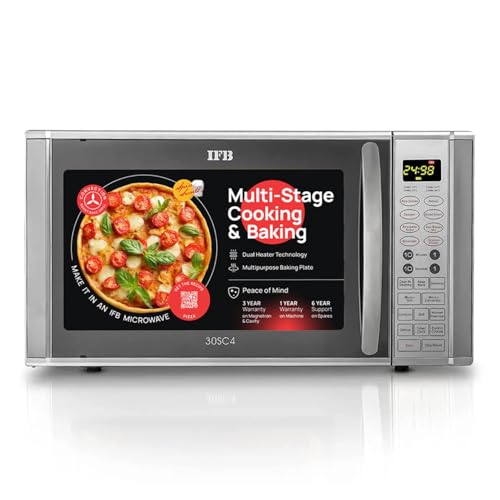 IFB 30L Convection Microwave Oven, 101 Standard Cook Menus (30SC4, Metalic Silver, Steam Clean, Weight Defrost, Grill & Multi-Stage Cooking, 10 Power Levels)