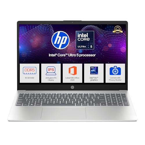 HP 15, Intel Core Ultra 5 125H, 12 Tops (16GB DDR5, 512GB SSD) FHD, IPS, 15.6''/39.6cm, Win11, M365 Basic* Office24, Silver, 1.65kg, fd1254TU, Intel Graphics, FHD Camera w/Shutter, AI Powered Laptop