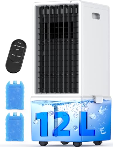 HIFRESH Air Cooler for Room Cooling, 31Ft Air Throw, 4 Modes & 4 Speeds, Remote & Touch, 12H Timer, 12L Tank for 24H Cooling, Waterless Alert, 2 Ice Packs, Low Power Consumption Tower Cooler for Home