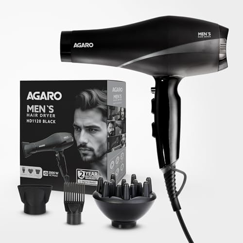 AGARO 2000W AC Professional Hair Dryer with Comb, Concentrator & Diffuser Nozzles, Hot & Cold Air, 2 Speed & 3 Temperature Settings with Cool Shot, 16A Socket, Hair Dryer & Blower for Men, Black