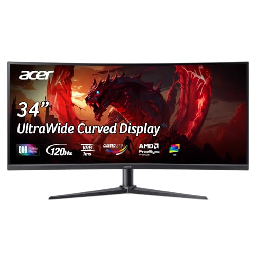 Acer Nitro ED340CUR J0 34 Inch UWQHD Curved Gaming Monitor | 3440x1440 VA Panel | 120Hz (DP) | 1ms VRB | AMD FreeSync Premium | HDR10 | 1500R | 2x HDMI 2.1 + DP 1.4 | Easy Tilt | Speakers | VisionCare