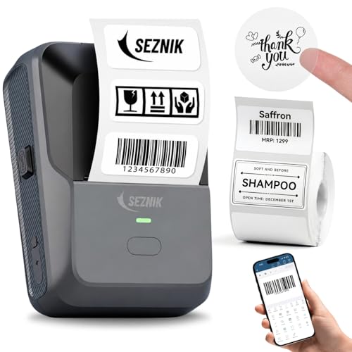 SEZNIK Josh Bluetooth Thermal Label Printer | Inkless Mini Rechargeable | MRP, Barcode, Excel File Print | Cloud, Mobile, Desktop | Jewellery, Round Labels | 2-inch Print | Free App | 1 Year Warranty