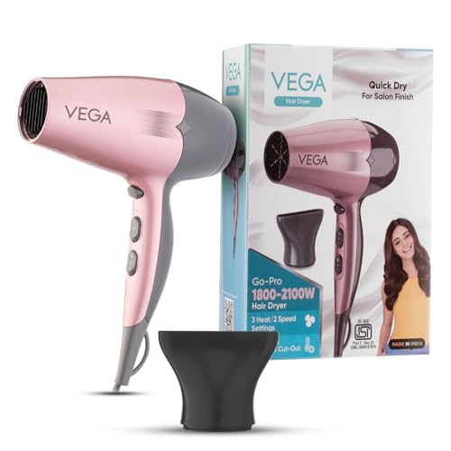Vega Go Pro 2100W Professional Hair Dryer with Detachable Nozzle, 2 Speed & 3 Temperature Settings with Cool Shot Button for Salon-like Blow Dry, Hair dryer for Men & Women (VHDH-25)