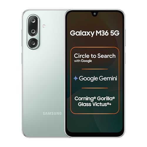 Samsung Galaxy M36 5G Mobile (Serene Green, 8GB RAM, 128GB Storage) | Google Gemini| Gorilla Glass Victus+ | 7.7mm | AI Enhanced 50MP OIS Triple Camera| Nightography| Lag-free Gaming | Without Charger