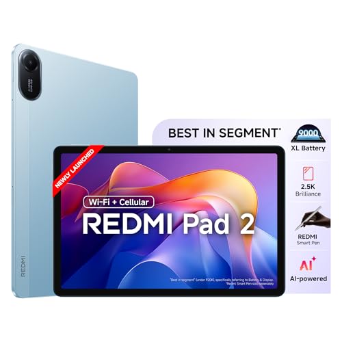 Redmi Pad 2 Wi-Fi + Cellular, Active Pen Support, 27.94cm(11") Model, 2.5K Sharp & Clear Display, 4GB, 128GB, All Day & More 9000mAh Battery, AI-Enabled, Dolby Atmos, HyperOS 2, Sky Blue