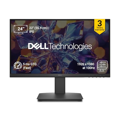 Dell SE2226HX 22" (54.6cm) Full HD IPS Monitor, 100Hz Refresh Rate, 5ms Response, HDMI & VGA Ports, TÜV Rheinland 3-Star Eye Comfort Certified
