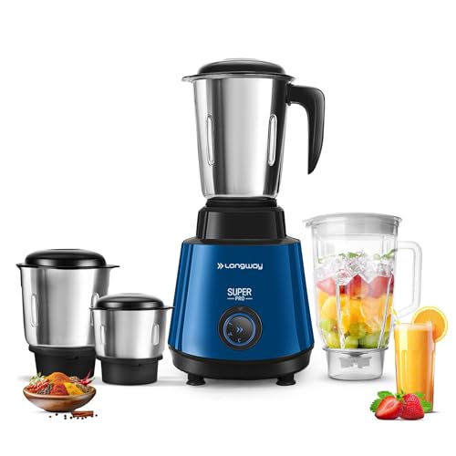 Longway Super Pro Juicer Mixer Grinder | Up to 750 Watt Powerful Motor | 4 Jars for Grinding, Mixing, Juicing | 2 Years Warranty (Blue & Black)