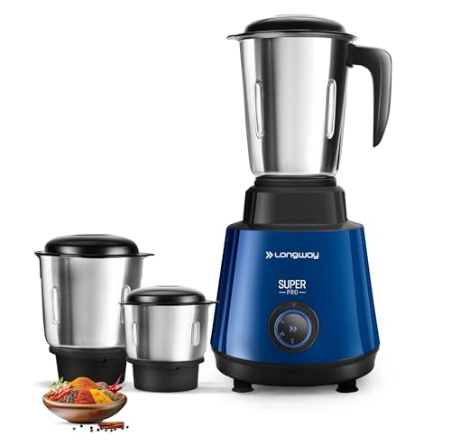 Longway Super Pro Mixer Grinder | Up to 700 Watt Powerful Motor | 3 Jars for Grinding, Mixing, Juicing | 2 Years Warranty (Blue & Black)