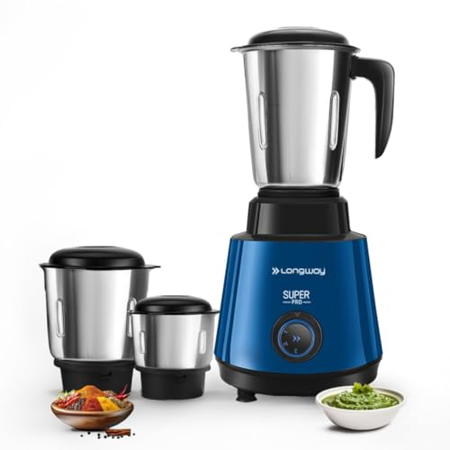 Longway Super Pro Mixer Grinder | Up to 700 Watt Powerful Motor | 3 Jars for Grinding, Mixing, Juicing | 2 Years Warranty (Blue & Black)