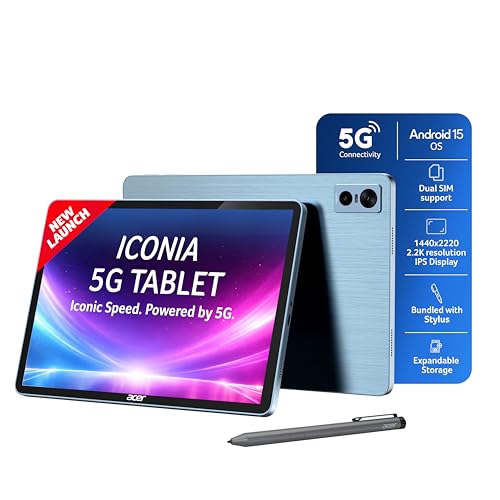 Acer Iconia 5G Tablet with Stylus Pen| 11.45”90Hz IPS Display, MediaTek 8791T Processor, 8GB RAM + 128GB Storage, 16MP Rear+8MP Front Camera,Wi-Fi + 5G Volte, Android 15,BT 5.2, Slim Metal Body,Blue