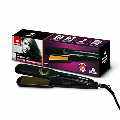 Havells HS4122 Keratin Wide Plate Hair Straightener with Digital Display & Adjustable Temperature; Heats Up Fast; For all hair types; Worldwide voltage compatible (Black)