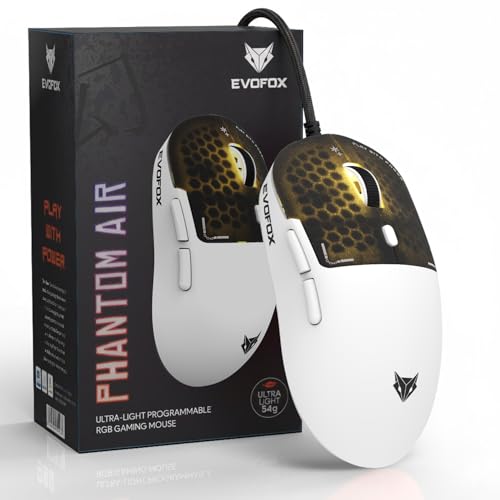 EvoFox Phantom Air Ultra Lightweight Gaming Mouse 54g | Upto 1000Hz Polling Rate, 7000 FPS, 12800 DPI | Honeycomb RGB Lighting | Fully Programmable with Windows Software & On-Board Memory | White