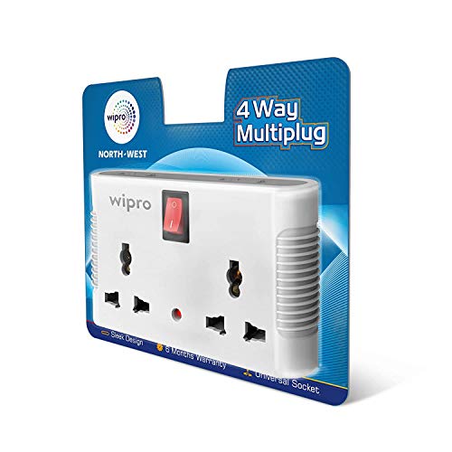 Wipro 4 Way Multiplug Adaptor with 2 Universal Sockets |Inbuilt Surge Protection & Power supply Indicator | Compact & Light weight | 6Amp Multiplug socket for Home, Office | Pack of 1 (White)