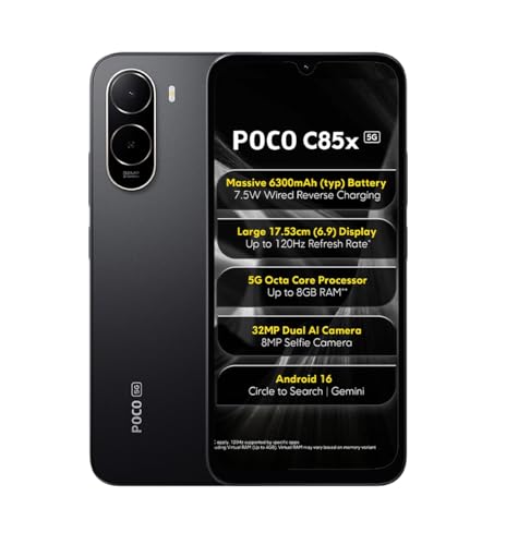 POCO C85x 5G Smartphone, Elite Black, 6.9 Inch Display, 32MP Dual AI Camera, 6300mAh Battery, 64GB Storage, 4GB RAM, Android 16