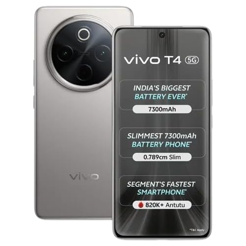 vivo T4 5G (Phantom Grey, 12GB RAM, 256GB Storage) | 6.77" FHD+ Display | Snapdragon 7s Gen 3 Processor | 50MP OIS Camera | 32MP Selfie | 7300mAh Battery | Dual SIM 5G Smartphone