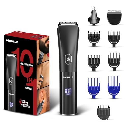 Havells 10 in 1 Digital Grooming Kit |2-in-1 Special Blade|Nose & Ear Attachment|Ceramic Body Groomer |4 Beard, 2 Hair Combs & 1 Body Groomer Comb|Type C Turbo Charge|No Nicks & Cuts|2 Year Guarantee|GS6668