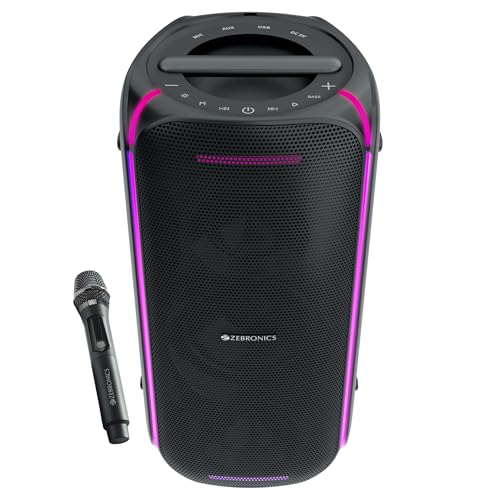 Zebronics Portable Bluetooth Speaker, 90W, Upto 6 Hours Playback, Dual Full-Range Drivers, Karaoke, TWS, BT v5.3, USB, AUX, RGB, Deep Bass, Wireless Mic with Display, Type-C Charge (Party Fyre 100)