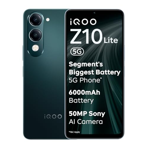 iQOO Z10 Lite 5G (Cyber Green, 8GB RAM, 256GB Storage) | 6000 mAh Battery | Dimensity 6300 5G Processor with 433K+* AnTuTu Score | IP64 Rated & Military Grade Shock-Resistance*