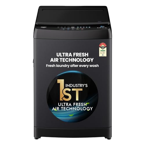 Haier 8 Kg 5 Star Fully Automatic Top Load Washing Machine with Oceanus Wave Drum, Magic Filter, 8 Wash Programs (HWM80-310BK, Black, Stainless Steel Drum, 15 Mins Quick Wash)