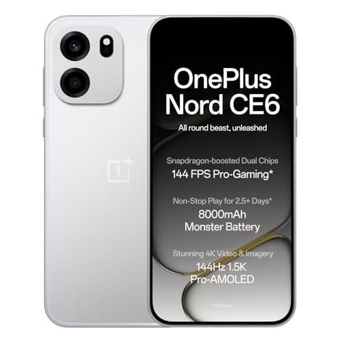 OnePlus Nord CE6 | 8GB+128GB | Lunar Pearl | Snapdragon 7s Gen 4 | Segment's Fastest Touch Response | 8000mAh Battery | 144Hz 1.5K AMOLED Display | 50MP Main + 32MP Selfie 4K Cameras | IP66,68,69,69K