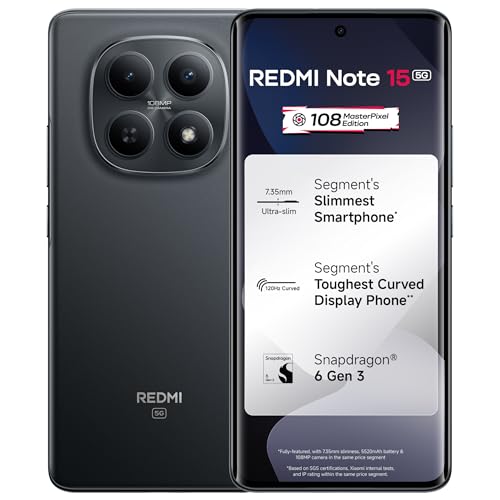REDMI Note 15 5G (Black, 8GB RAM 256GB Storage) | 108MP OIS Camera | Snapdragon 6 Gen 3 | 17.2cm Tough Curved AMOLED Screen | Segment's Slimmest Phone | 5520mAh Battery | 45W Fast Charging