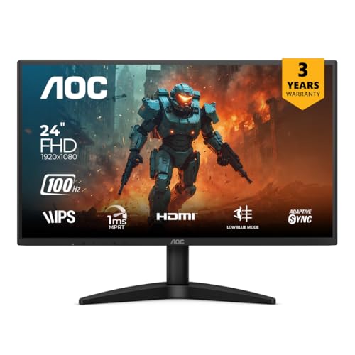 AOC 24B36H 23.8-Inch IPS Full HD Monitor, 100Hz Refresh Rate, 1ms Response Time, 3-Sided Frameless Design, Adaptive Sync, SRGB 105%, Mega DCR, HDMI Port, Flicker-Free Technology for Smooth Viewing