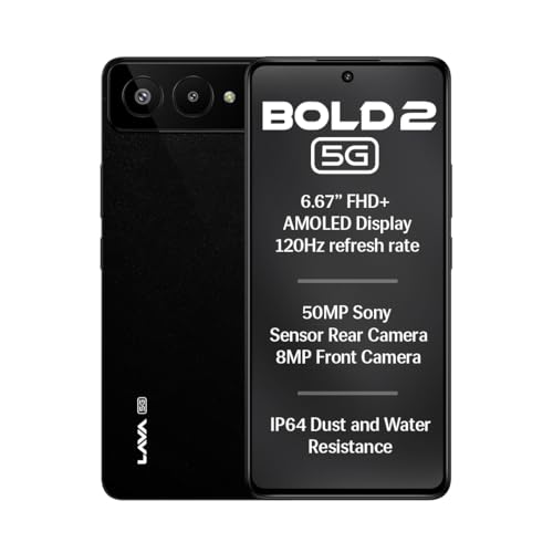 Lava Bold 2 5G (Midnight Black, 6 GB RAM, 128 GB Storage) | 6.67" FHD+ AMOLED Display | MTK D7060 Processor | 50 MP Front Camera | LPDDR5 UFS 3.1 ROM | 5000 mAh | 33W Fast Charging
