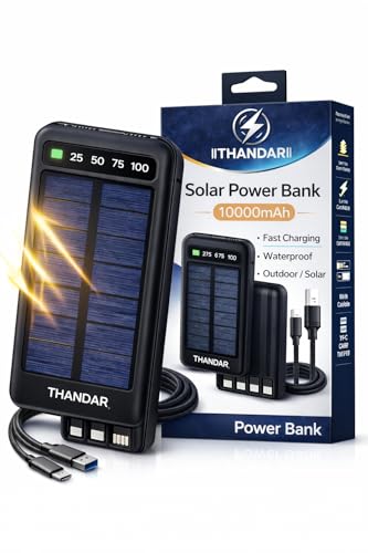 THANDAR Solar Power Bank 10000mAh Fast Charging Waterproof Dual USB with LED Light