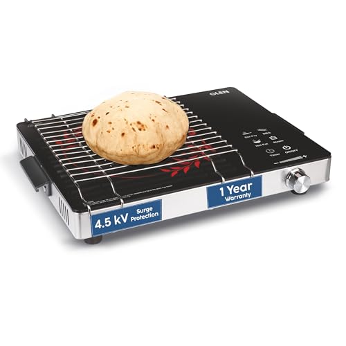 Glen 2200W Infrared Cooktop Stove with Grill Rack for Barbecue, Touch Control, Crystal Glass Plate, Digital Display, 4 Modes, Timer, Surge Protection, for Induction & Flat Bottom Utensils (SA-3077IR)