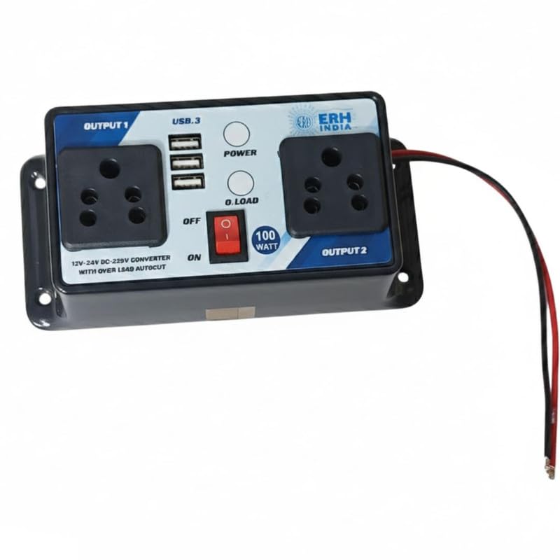 ERH India Compact 100 Watt DC to AC Converter 12V 24V to 220V Inverter with 3 USB Ports for Car, Bus, Truck, E-Rickshaw, Solar Panels