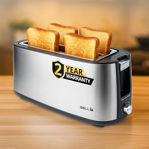 iBELL Toaster CrustoF40 Auto Pop-up 4 Slice Bread Toaster with Removable Crumb Tray, Auto Shutoff, Defrost/Reheat/Cancel Button, 7 Levels Browning Controller, Led Light Indicator, 2 Year Warranty