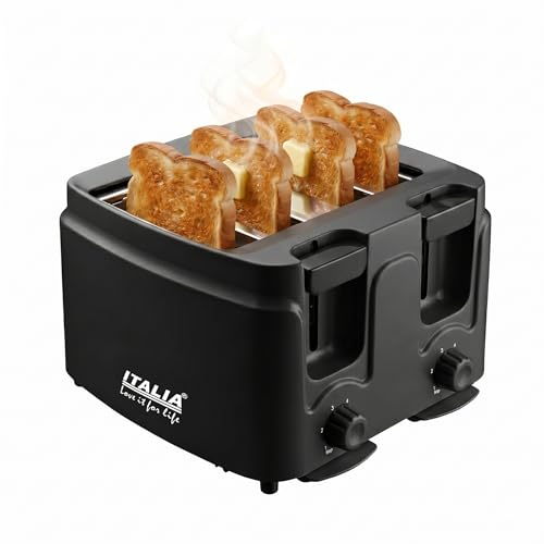 ITALIA 1400W 4-Slice Pop-Up Toaster for Home & Kitchen | Automatic Electric Bread Toaster with 4 Wide Slots & Variable Browning Control | Press-to-Release Crumb Tray & Stop Function | 1 Year Warranty