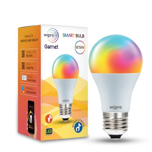 wipro 12.5W E27 Wi-Fi Smart LED Bulb with Music Sync | Voice Control with Alexa, Google Asst | App Control |16 M Colours, White Tunable - Warm, Neutral & Cool White +Dimmable | Scenes | Pack of 1