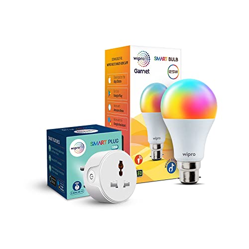 Wipro Smart Home Combo 10Amp Smart Plug & 12.5 W Smart Wi Fi LED Bulb with Music Sync | Suitable For Bedroom, Hall, Kitchen | Alexa & Google Assistant Enabled | 1 B22 Smart Bulb, 1 Smart Plug
