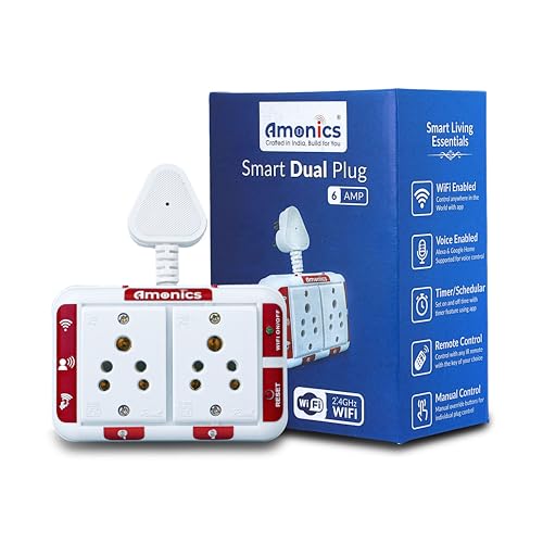 Amonics Smart Plug 6amp Dual Node - Up to 500W per Plug, Compact & Hub-Free, App Controlled, Compatible with Alexa & Google Home - Voice Enabled Smart Home Socket (White)
