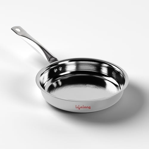 Lifelong Tri Ply Fry Pan - 22 cm Stainless Steel Frying Pan with 1.25 Litre Capacity - Induction & Gas Compatible Cookware - Durable, Even Heating for Searing, Frying, and Sautéing (Silver)