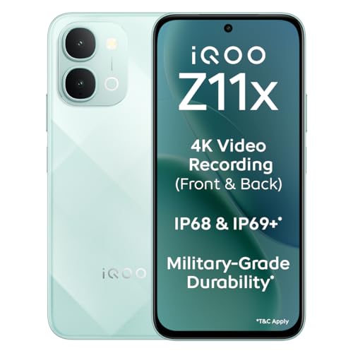 iQOO Z11x 5G (Prismatic Green, 6GB RAM, 128 GB Storage) | Dimensity 7400-Turbo Processor | 7200 mAh Battery | 4K Video Recording Front & Back | IP68 & IP69+ | Powered by OriginOS 6