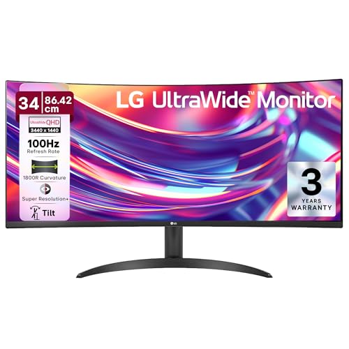 LG 34WR50QK 86.42 cm (34 Inch) 21:9 UltraWide WQHD (3440x1440) Curved Monitor(1800R), sRGB 99% (Typ.), HDR10, Anti-Glare, 3-Side Virtually Borderless, HDMI X 2, DP, HP Out, Tilt Adjustable,PBP, Black