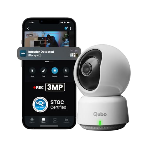 Qubo Smart 360° 3MP [2K] CCTV Camera | Wi-Fi Indoor Home Security Cam | STQC Certified | AI Person Detection | Automatic Alarm | App Alerts | NightPulse Vision | SD & Cloud Storage | Made in India