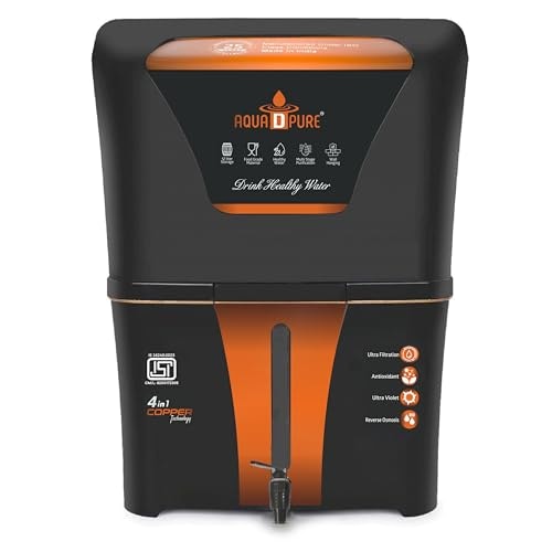 AQUA D PURE 4 in 1 Copper RO Water Purifier with 10 Stage Purification Filtration, UV, UF, TDS Adjuster and 12 Liter Large Storage Tank, Suitable for all type of water supply.