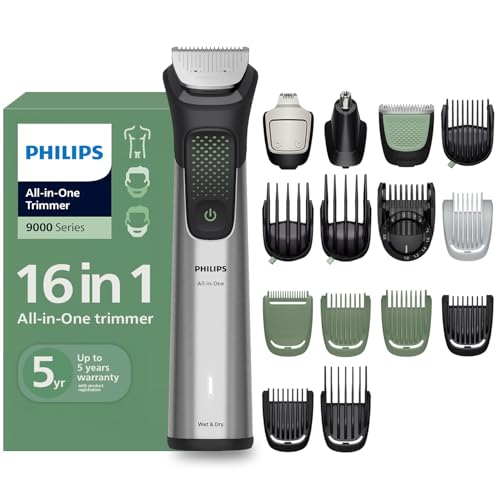 Philips India's No.1 Men's Trimmer | BeardSense Technology | 16-in-1 Stainless Steel Trimmer Men- Beard, Hair, Body, Nose, Intimate | Self-sharpening blades | 100% Showerproof | 5yr*warranty | MG9532