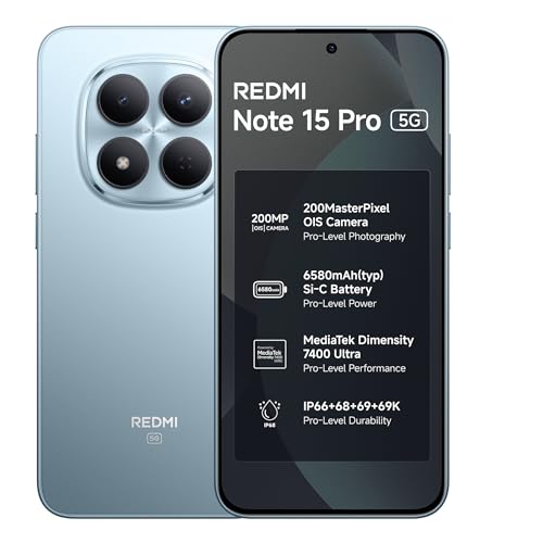REDMI Note 15 Pro 5G (Mirage Blue, 8GB+128GB) | 200MasterPixel OIS Camera | Dimensity 7400-Ultra | 17.3cm CrystalRes AMOLED Screen | IP66/68/69/69K | Mega 6580mAh Si/C Battery | 45W Fast Charging